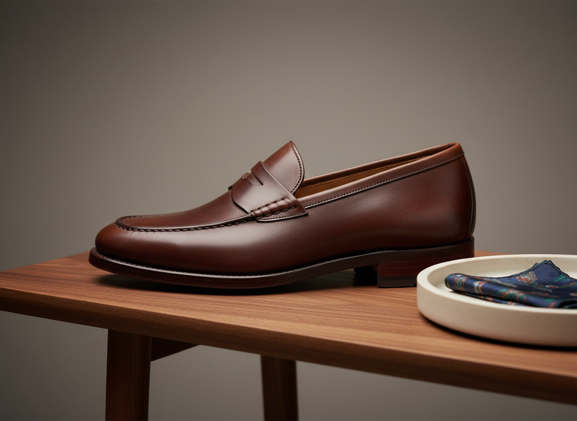 A close-up of an exquisitely made leather loafer in rich chocolate brown, resting on a polished walnut console beside a minimal ceramic tray holding a folded silk pocket square. The loafer’s hand-stitched seams, gentle patina, and stacked leather heel are captured with hyper-real photographic precision. Soft studio lighting from above and slightly to the left carves delicate highlights along the shoe’s curves and casts a subtle, controlled shadow across the wood grain. The background fades into a muted taupe gradient, creating a gentle bokeh effect. Framed in a tight, three-quarter angle composition, the mood is contemplative and refined, suggesting a quiet examination of craftsmanship, detail, and the enduring elegance of well-made accessories.