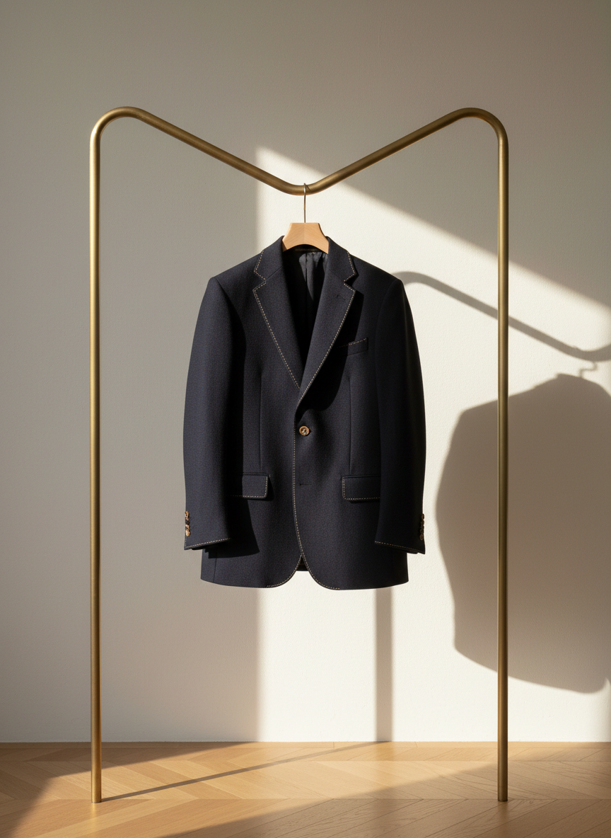 A solitary, impeccably crafted tailored blazer in deep midnight navy wool, hanging from a sculptural brass clothing rack against a matte, off-white plaster wall. The blazer’s sharp lapels, horn buttons, and precise stitching are rendered in crisp photographic detail, with the fabric’s subtle herringbone texture clearly visible. Golden hour sunlight enters from the right, casting elongated, elegant shadows on the wall and creating a soft halo along the blazer’s edges. The floor is pale oak parquet, slightly out of focus, adding warmth without distraction. Shot at eye level with a centered, vertical composition and moderate depth of field, the atmosphere feels calm, thoughtful, and quietly luxurious, evoking a modern, sophisticated perspective on contemporary tailoring.